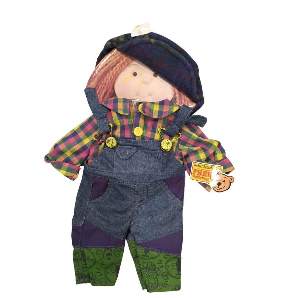 Vintage Brass Button Bears Teddy Bear Outfit Plaid Shirt Denim Overalls Hat Set